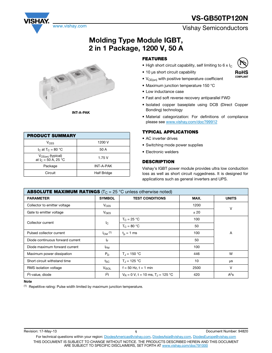 Vishay semiconductors | C&H Technology VS-GB50TP120N User Manual | Page 2 / 7
