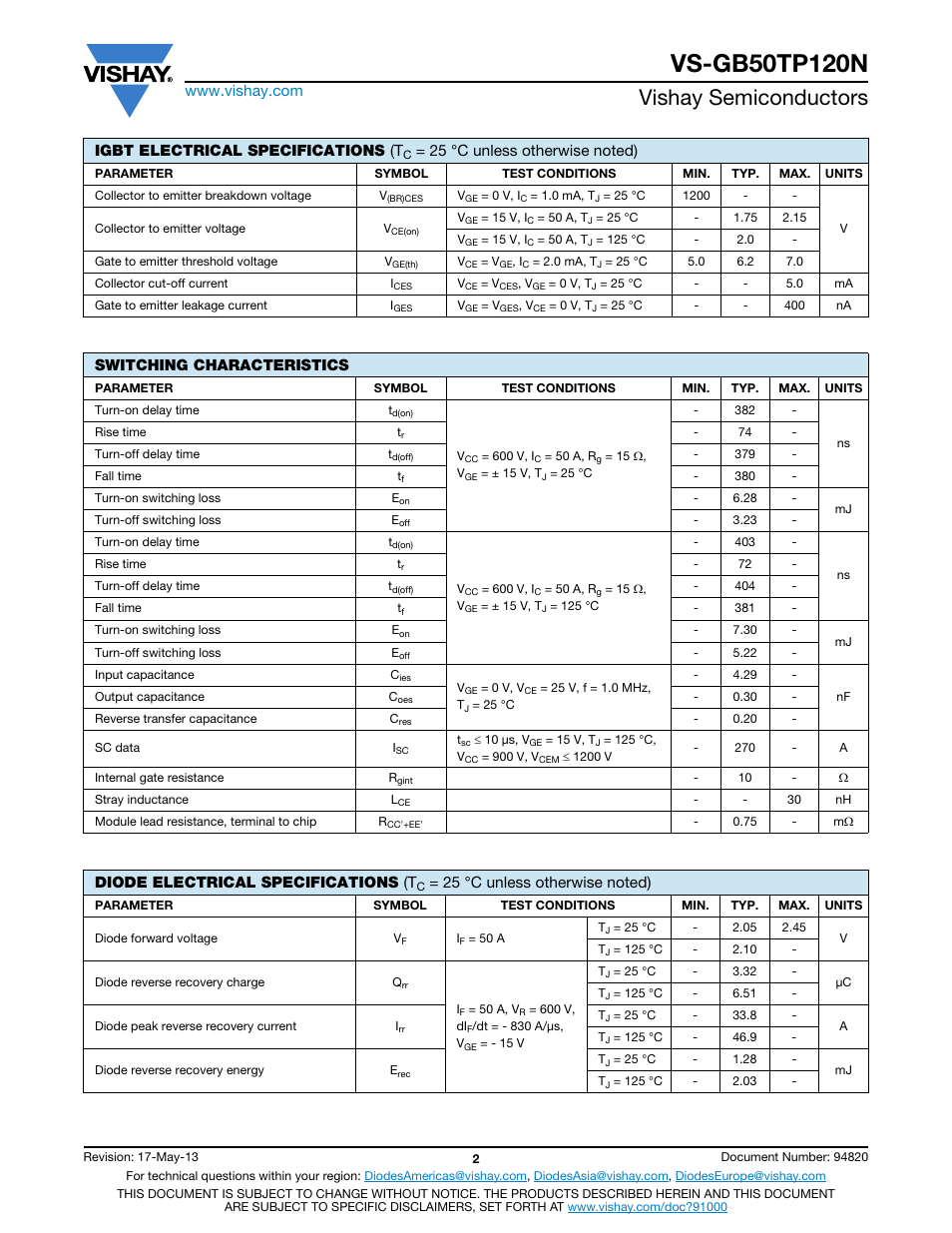Vishay semiconductors, Igbt electrical specifications (t, Switching characteristics | Diode electrical specifications (t | C&H Technology VS-GB50TP120N User Manual | Page 3 / 7