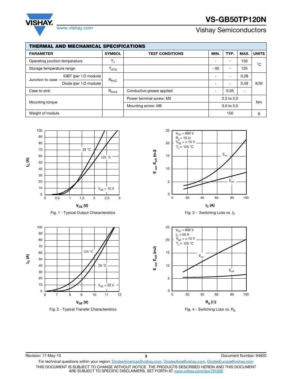 Vishay semiconductors, Thermal and mechanical specifications | C&H Technology VS-GB50TP120N User Manual | Page 4 / 7