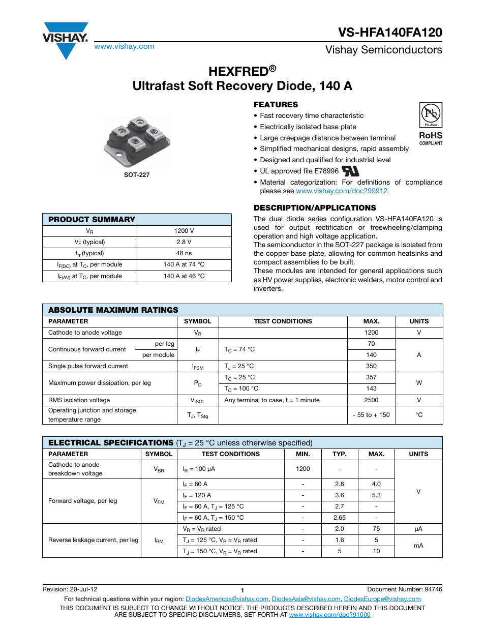 Hexfred, Ultrafast soft recovery diode, 140 a, Vishay semiconductors | C&H Technology VS-HFA140FA120 User Manual | Page 2 / 8