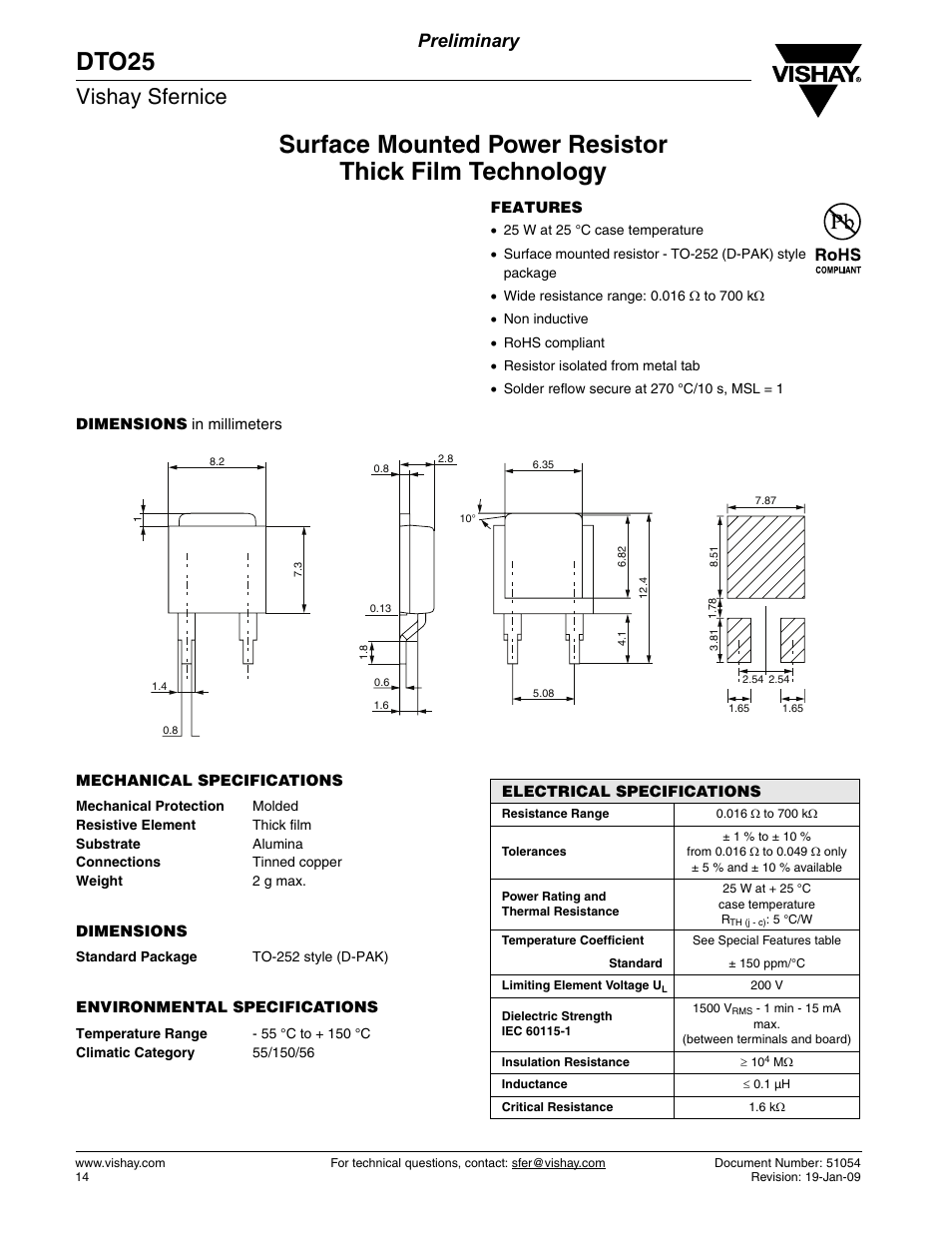 Datasheet, Dto25, Vishay sfernice | Preliminary | C&H Technology DTO25 User Manual | Page 2 / 6