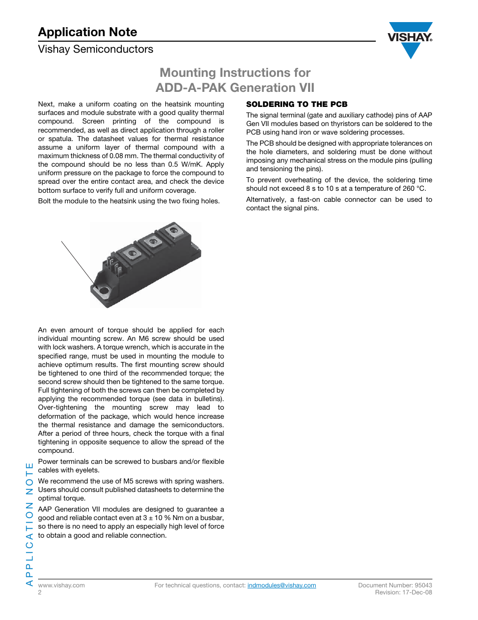 Mounting instructions for add-a-pak generation vii, Vishay semiconductors | C&H Technology VSKCS403-100 User Manual | Page 9 / 10