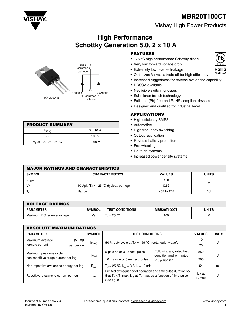 Datasheet, Vishay high power products | C&H Technology MBR20T100CT User Manual | Page 2 / 8
