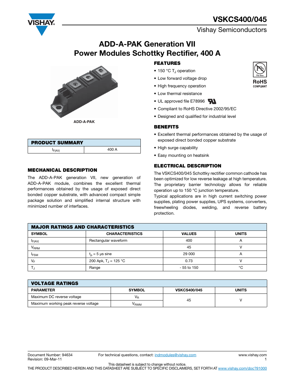 Datasheet, Vishay semiconductors | C&H Technology VSKCS400-045 User Manual | Page 2 / 10