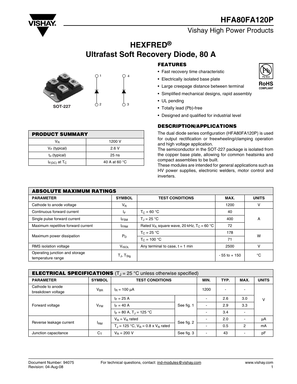 Datasheet, Hexfred, Vishay high power products | Rohs | C&H Technology HFA80FA120P User Manual | Page 2 / 8