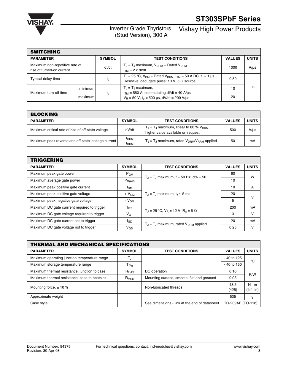 St303spbf series, Vishay high power products, Inverter grade thyristors (stud version), 300 a | Switching, Blocking, Triggering, Thermal and mechanical specifications | C&H Technology ST303SPbF Series User Manual | Page 4 / 9