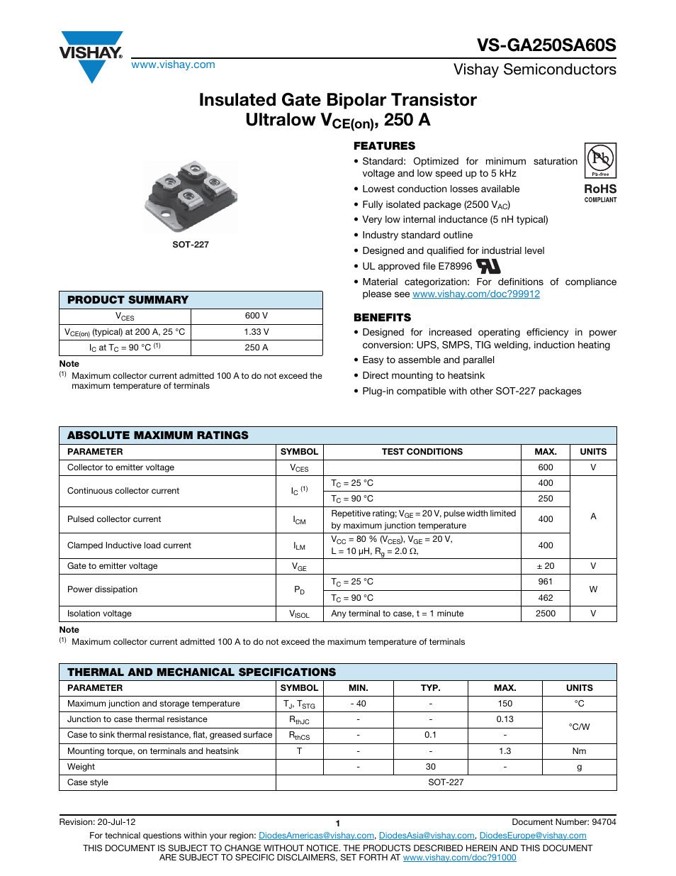 Insulated gate bipolar transistor ultralow v, 250 a, Vishay semiconductors | Ce(on) | C&H Technology VS-GA250SA60S User Manual | Page 2 / 10