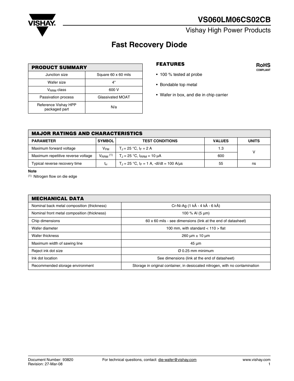 Vishay high power products, Rohs | C&H Technology VS060LM06CS02CB User Manual | Page 2 / 3