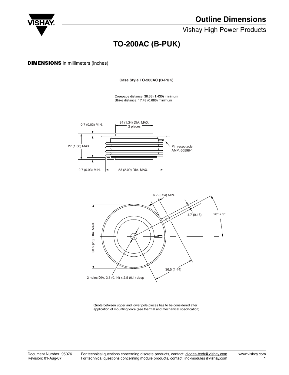 To-200ac (b-puk) outline dimensions, Vishay high power products | C&H Technology ST730CLPbF Series User Manual | Page 7 / 8