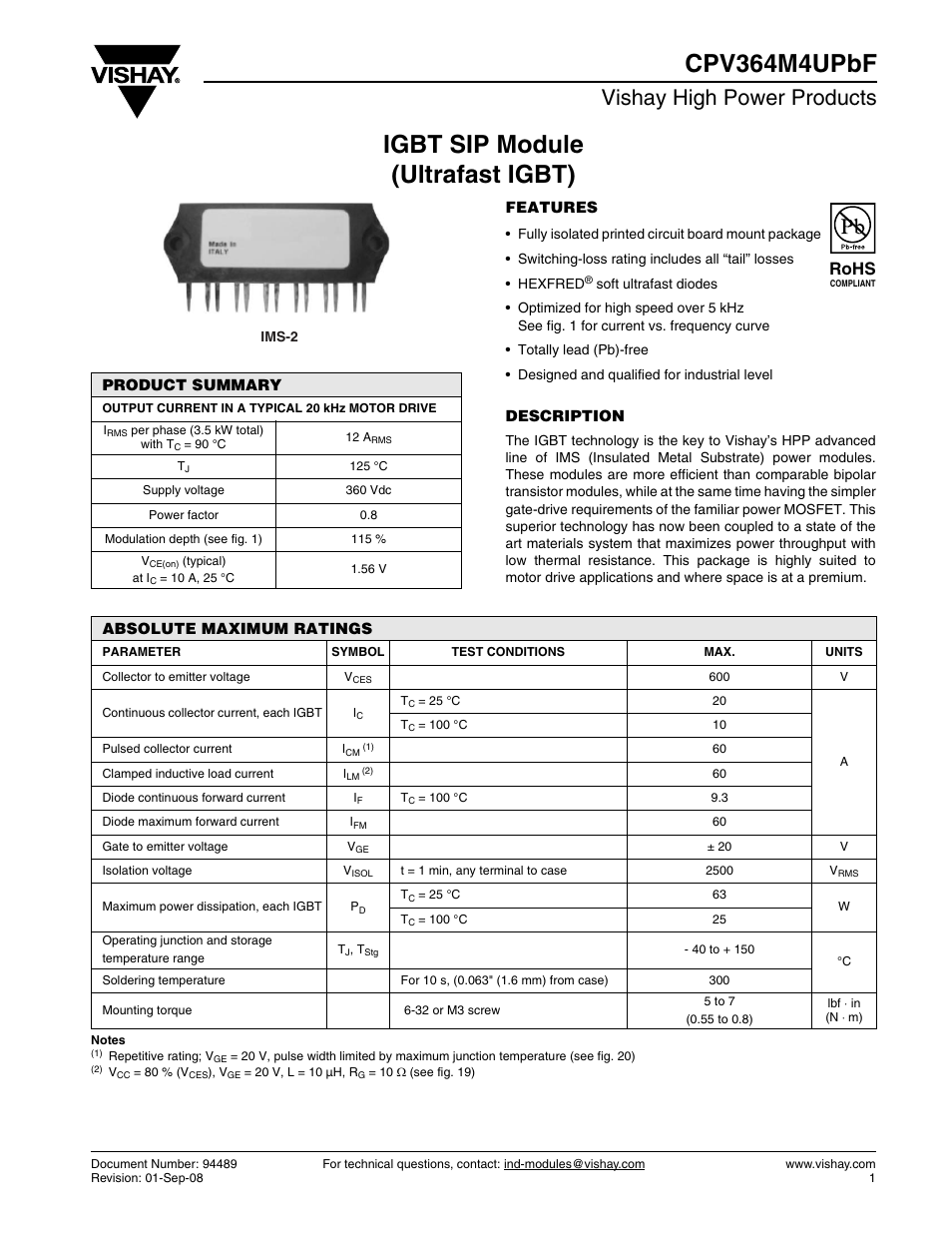 Datasheet, Igbt sip module (ultrafast igbt) cpv364m4upbf, Vishay high power products | Rohs | C&H Technology CPV364M4UPbF User Manual | Page 2 / 12