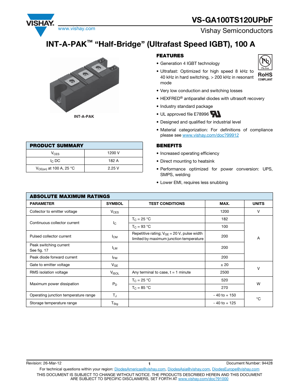 Int-a-pak, Half-bridge” (ultrafast speed igbt), 100 a, Vishay semiconductors | C&H Technology GA100TS120UPbF User Manual | Page 2 / 11
