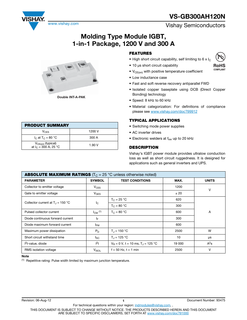 Vishay semiconductors | C&H Technology VS-GB300AH120N User Manual | Page 2 / 7