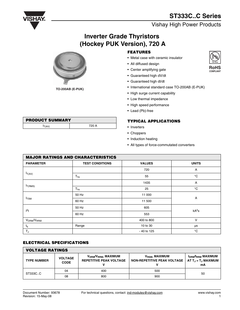 Vishay high power products, Rohs | C&H Technology ST333C..C Series User Manual | Page 2 / 9