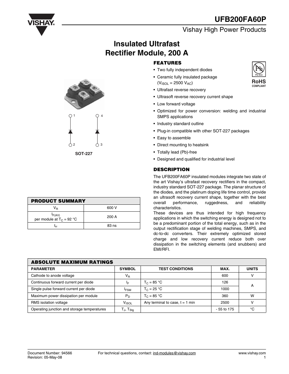 Datasheet, Vishay high power products, Rohs | C&H Technology UFB200FA60P User Manual | Page 2 / 8