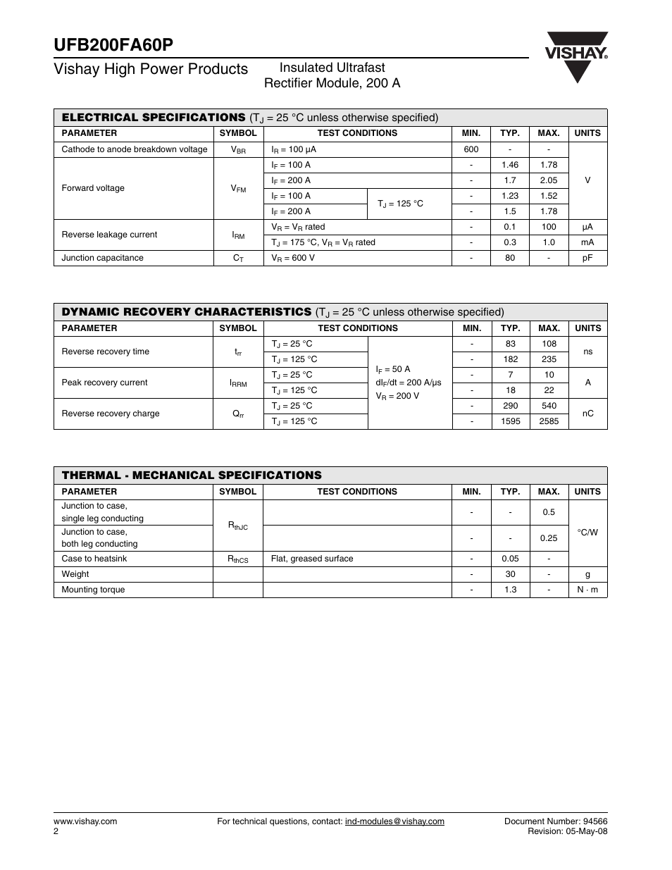 Vishay high power products, Insulated ultrafast rectifier module, 200 a | C&H Technology UFB200FA60P User Manual | Page 3 / 8