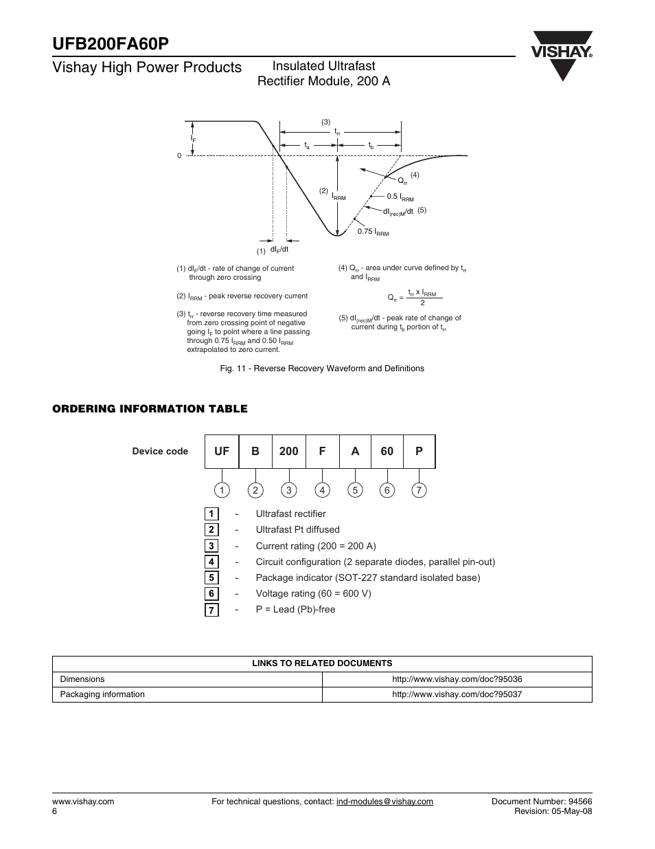 Vishay high power products, Insulated ultrafast rectifier module, 200 a, Ordering information table | C&H Technology UFB200FA60P User Manual | Page 7 / 8