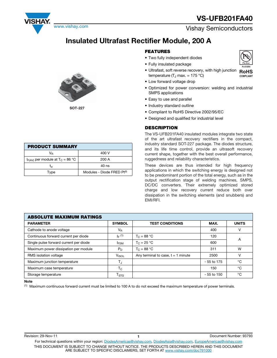 Insulated ultrafast rectifier module, 200 a, Vishay semiconductors | C&H Technology VS-UFB201FA40 User Manual | Page 2 / 8