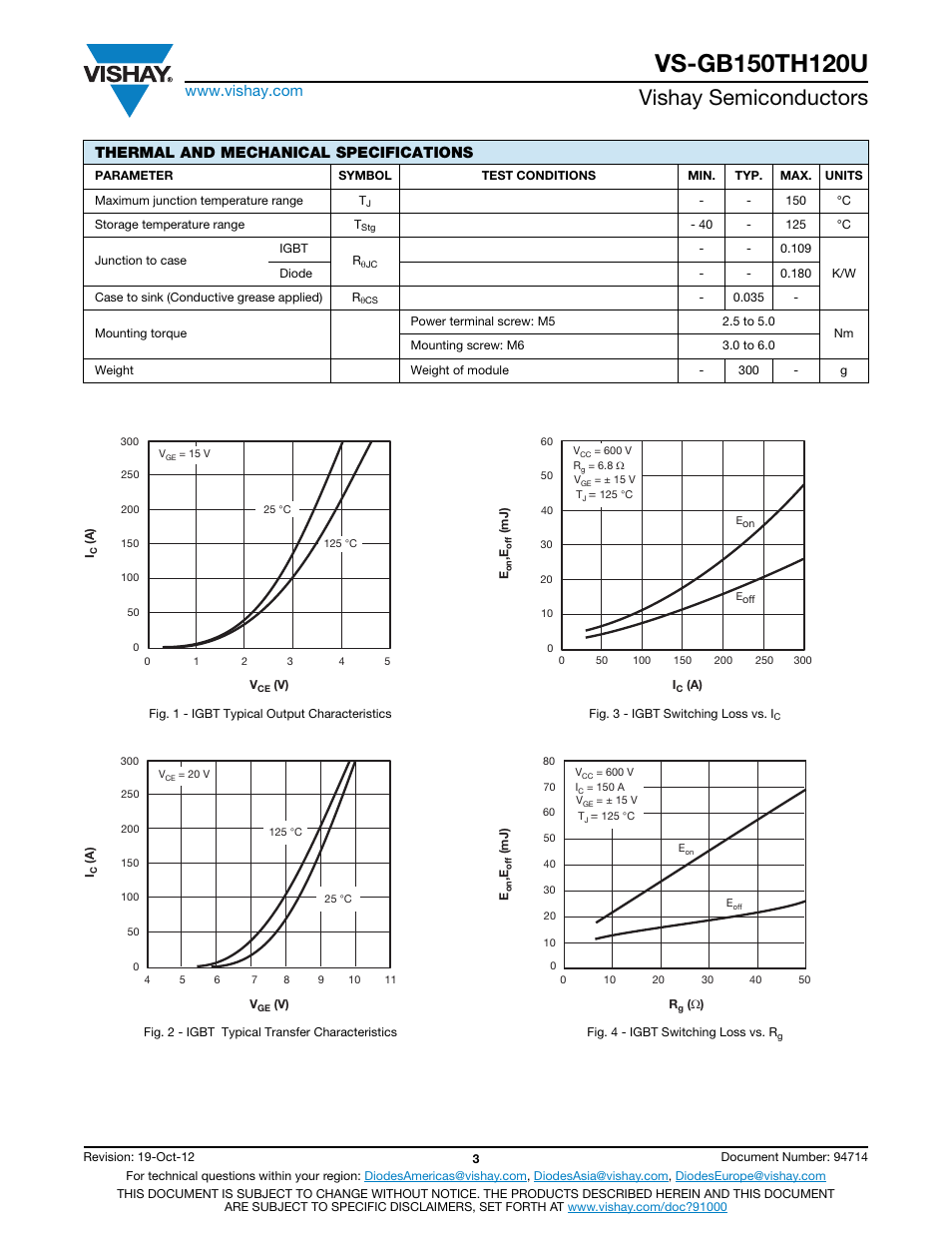 Vishay semiconductors, Thermal and mechanical specifications | C&H Technology VS-GB150TH120U User Manual | Page 4 / 7