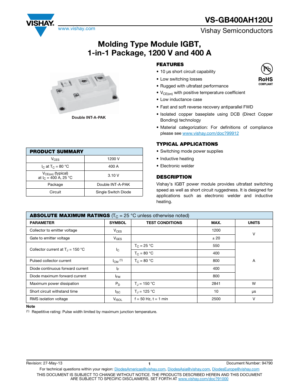 Vishay semiconductors | C&H Technology VS-GB400AH120U User Manual | Page 2 / 7
