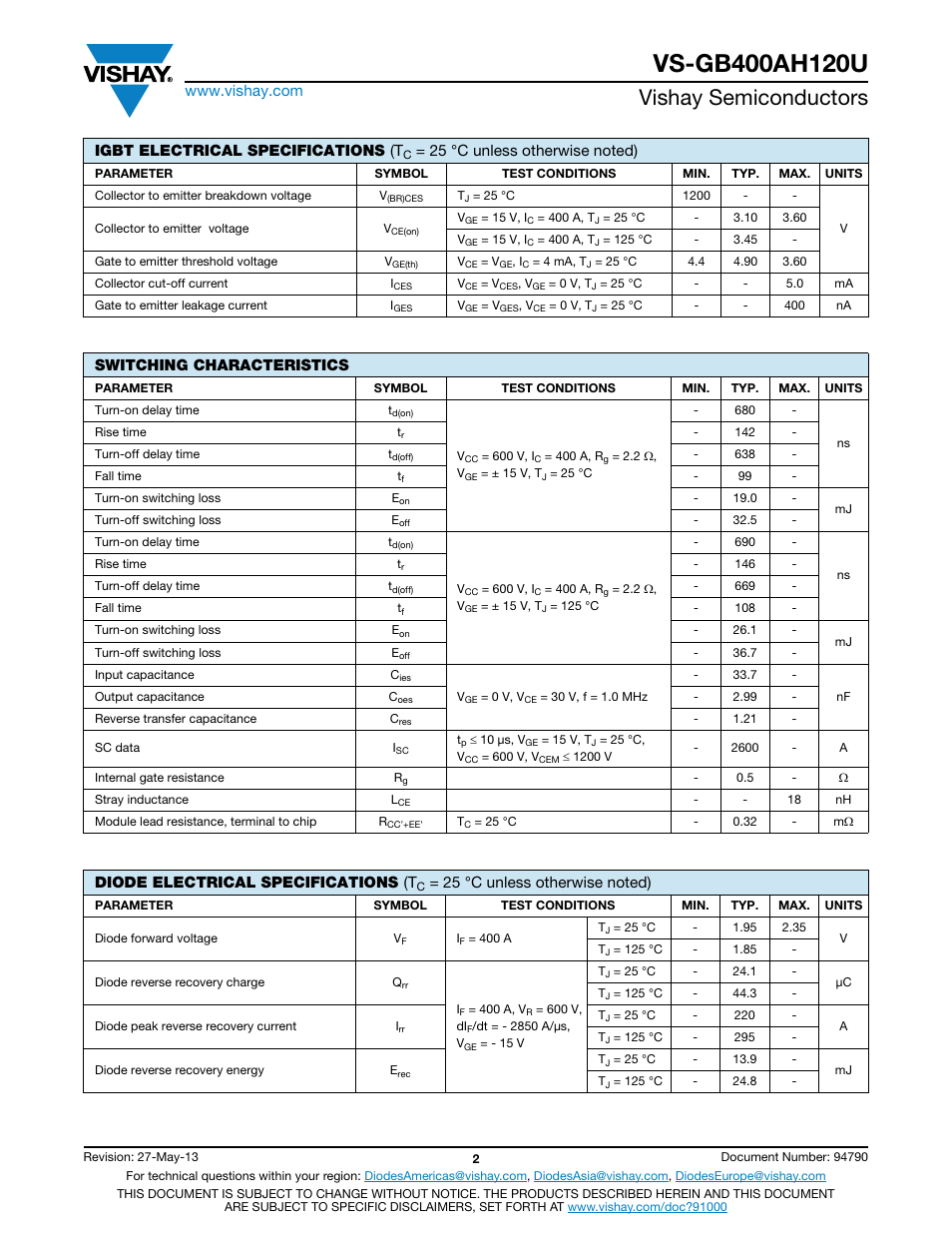 Vishay semiconductors, Igbt electrical specifications (t, Switching characteristics | Diode electrical specifications (t | C&H Technology VS-GB400AH120U User Manual | Page 3 / 7