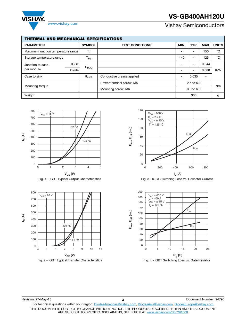 Vishay semiconductors, Thermal and mechanical specifications | C&H Technology VS-GB400AH120U User Manual | Page 4 / 7