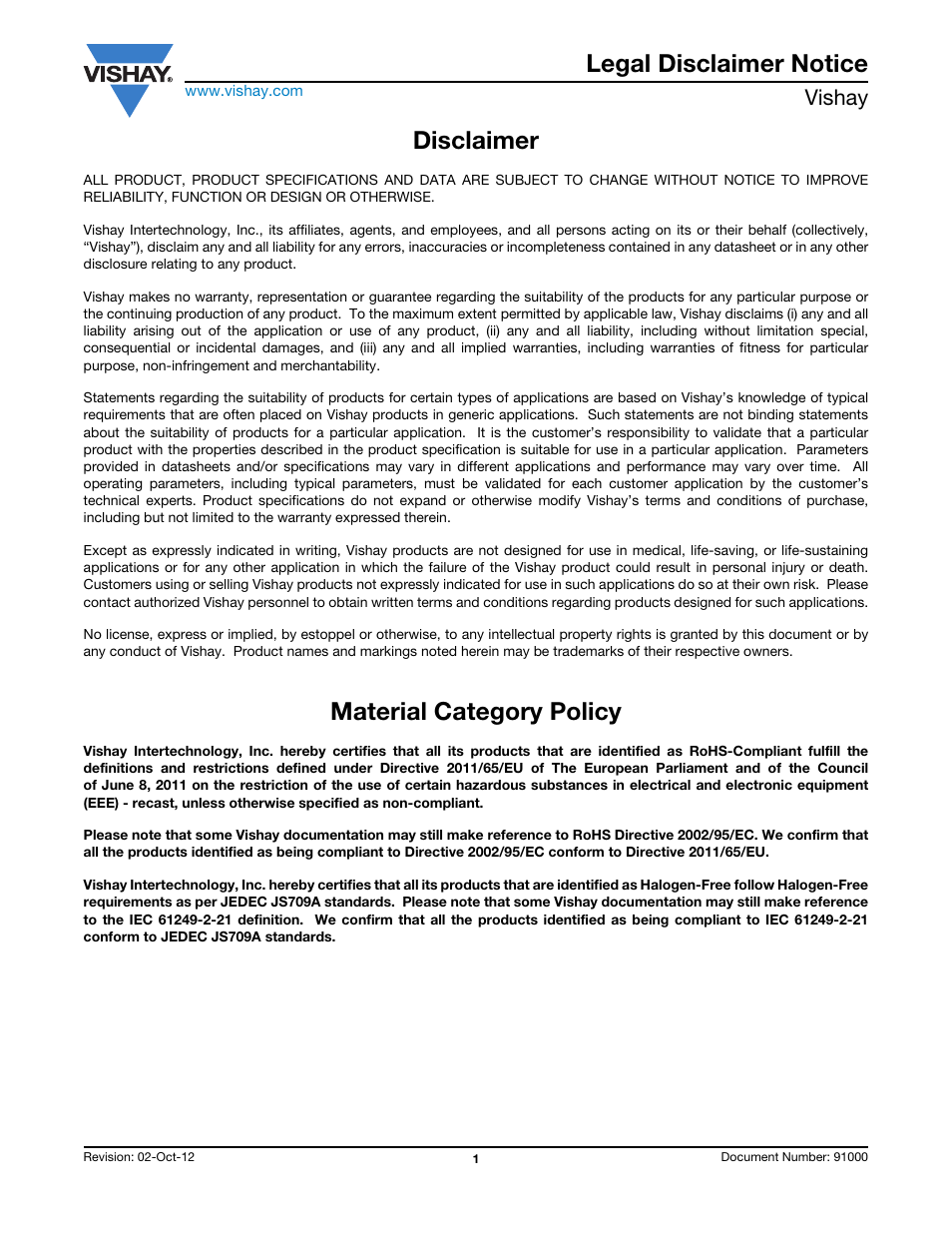 Legal disclaimer notice, Disclaimer, Material category policy | Vishay | C&H Technology VS-GB400AH120U User Manual | Page 7 / 7