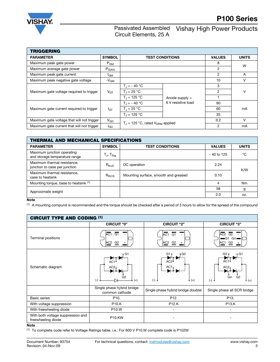 P100 series, Vishay high power products, Passivated assembled circuit elements, 25 a | Triggering, Thermal and mechanical specifications, Circuit type and coding | C&H Technology P100 Series User Manual | Page 4 / 7