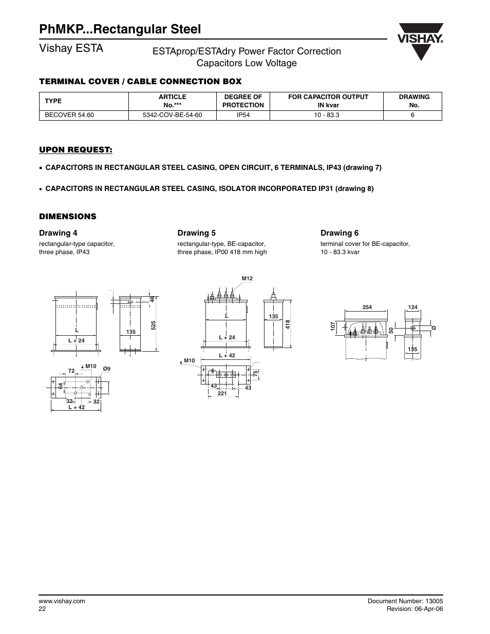 Phmkp...rectangular steel, Vishay esta, Terminal cover / cable connection box upon request | Dimensions drawing 4 drawing 5 drawing 6 | C&H Technology PhMKP...Rectangular Steel User Manual | Page 5 / 6