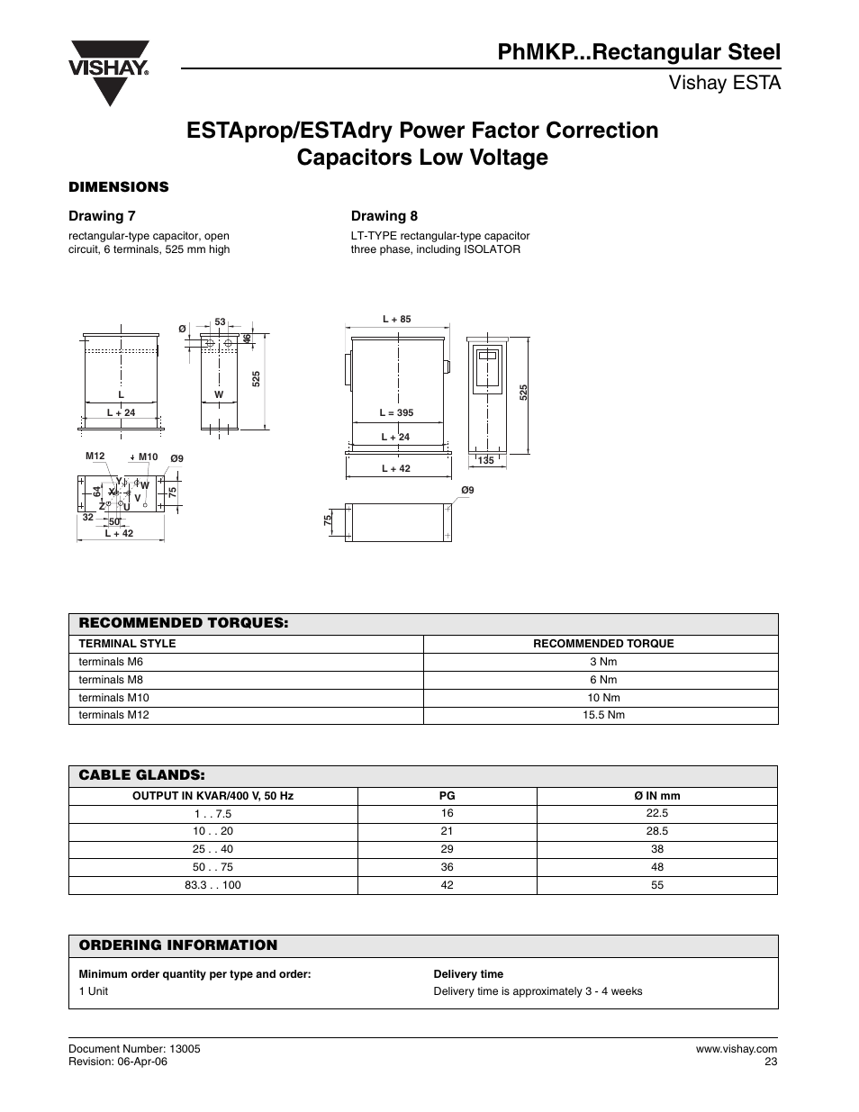 Phmkp...rectangular steel, Vishay esta, Dimensions drawing 7 drawing 8 | Recommended torques, Cable glands, Ordering information | C&H Technology PhMKP...Rectangular Steel User Manual | Page 6 / 6