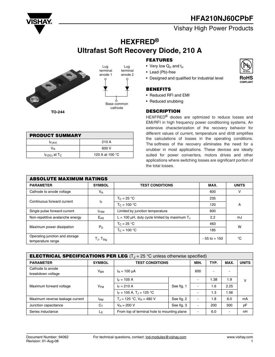 Datasheet, Hexfred, Vishay high power products | Rohs | C&H Technology HFA210NJ60CPbF User Manual | Page 2 / 8