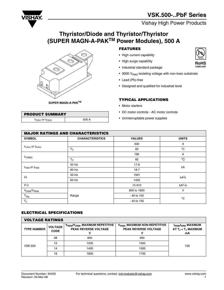 Vishay high power products, Rohs | C&H Technology VSK.500-..PbF Series User Manual | Page 2 / 8
