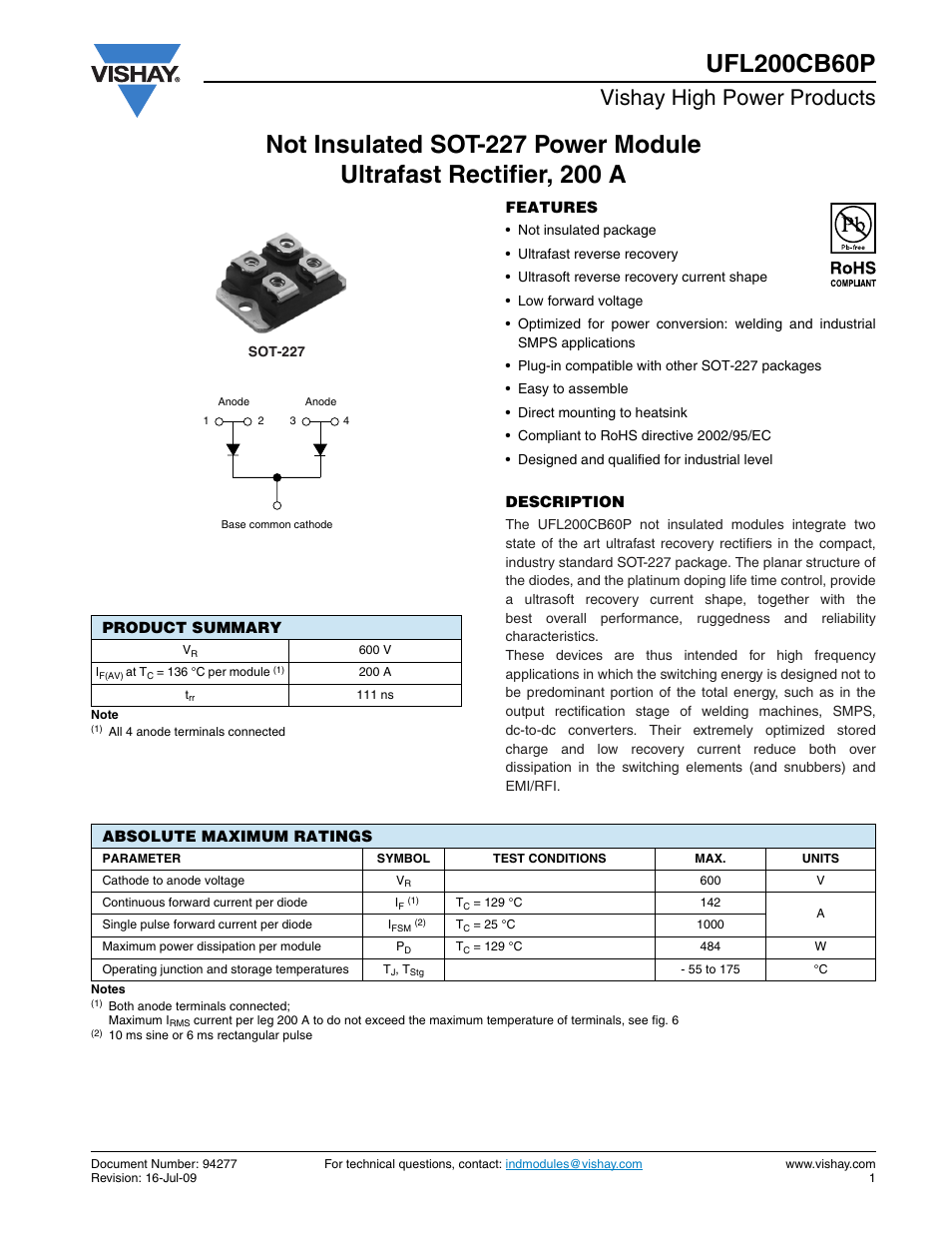 Vishay high power products | C&H Technology UFL200CB60P User Manual | Page 2 / 9