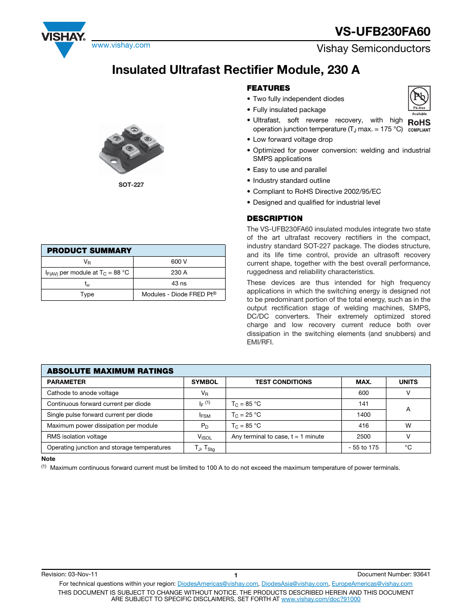 Insulated ultrafast rectifier module, 230 a, Vishay semiconductors | C&H Technology VS-UFB230FA60 User Manual | Page 2 / 8
