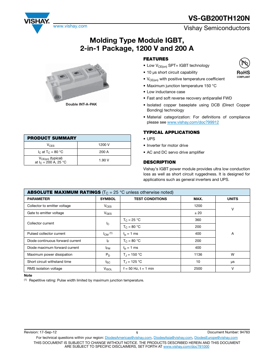 Vishay semiconductors | C&H Technology VS-GB200TH120N User Manual | Page 2 / 7
