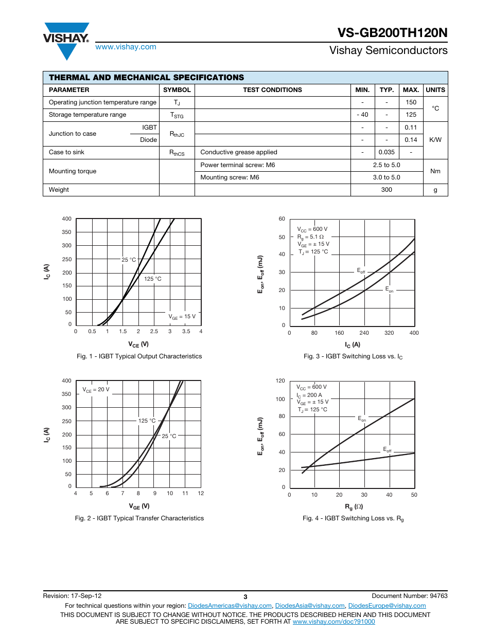 Vishay semiconductors, Thermal and mechanical specifications | C&H Technology VS-GB200TH120N User Manual | Page 4 / 7