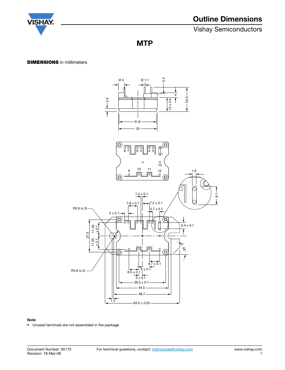 Mtp outline dimensions, Vishay semiconductors, Dimensions in millimeters | C&H Technology GB15XP120KTPbF User Manual | Page 10 / 11