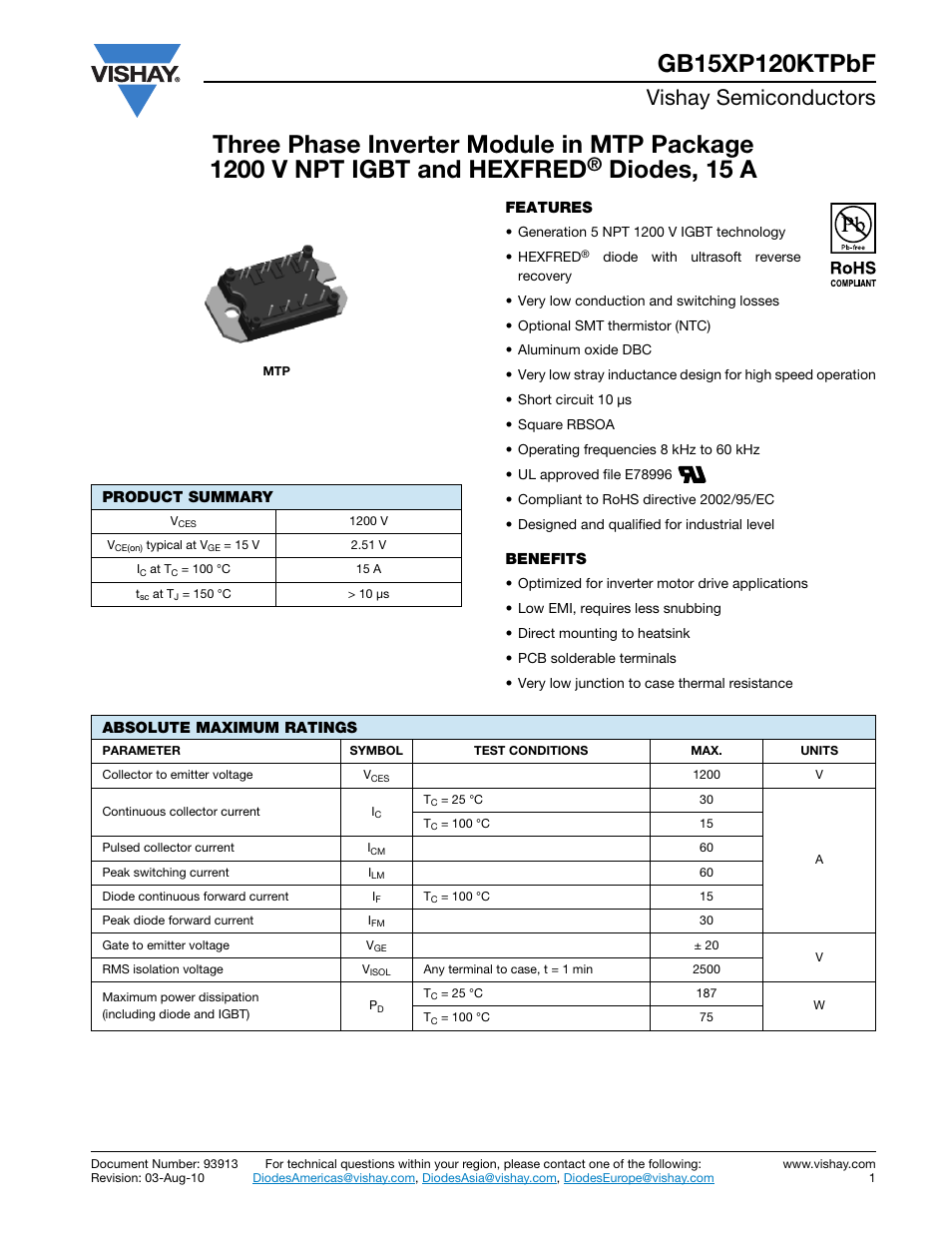 Vishay semiconductors | C&H Technology GB15XP120KTPbF User Manual | Page 2 / 11