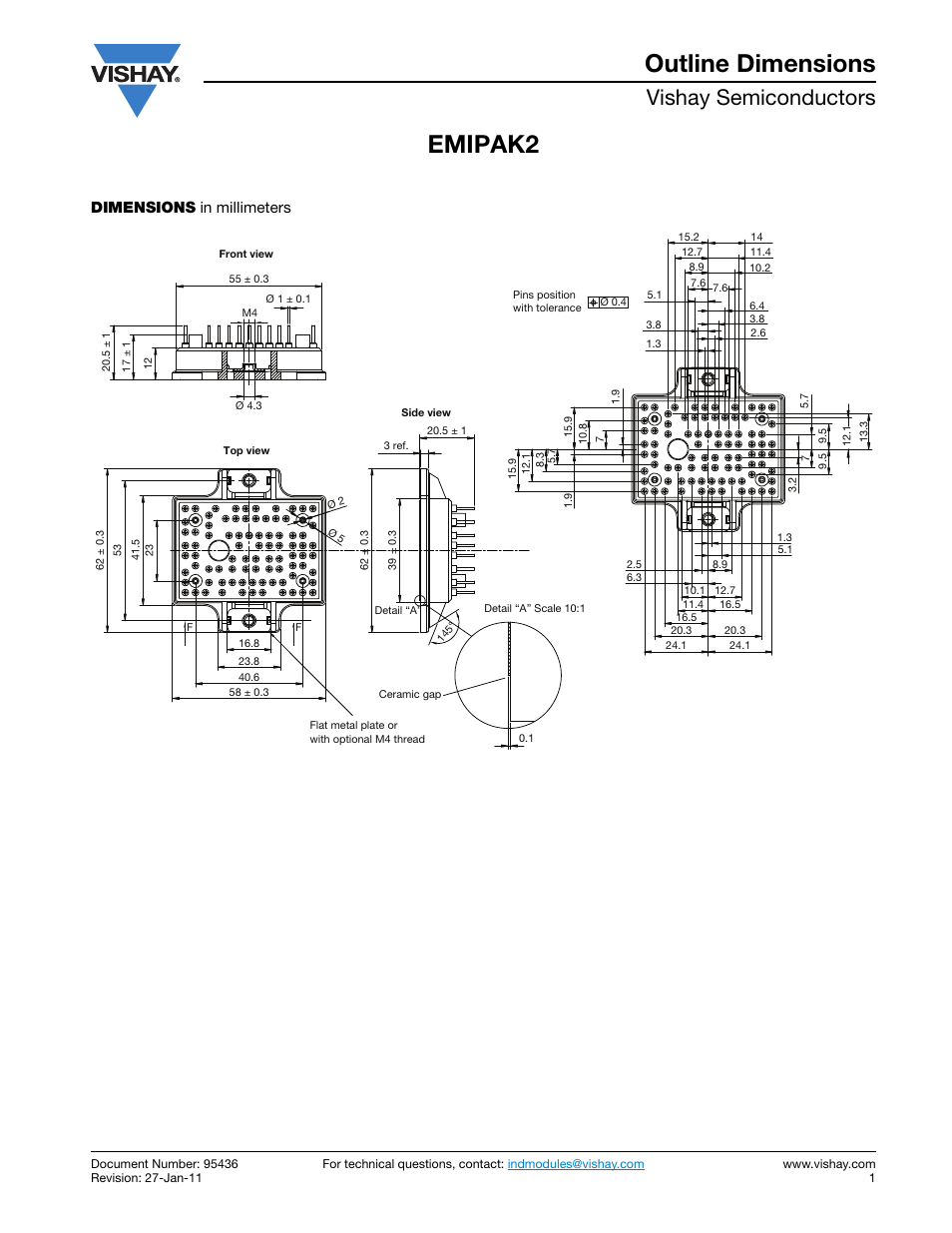 Package drawings - 95436, Emipak2 outline dimensions, Vishay semiconductors | Dimensions in millimeters | C&H Technology VS-EMG050J60N User Manual | Page 12 / 13