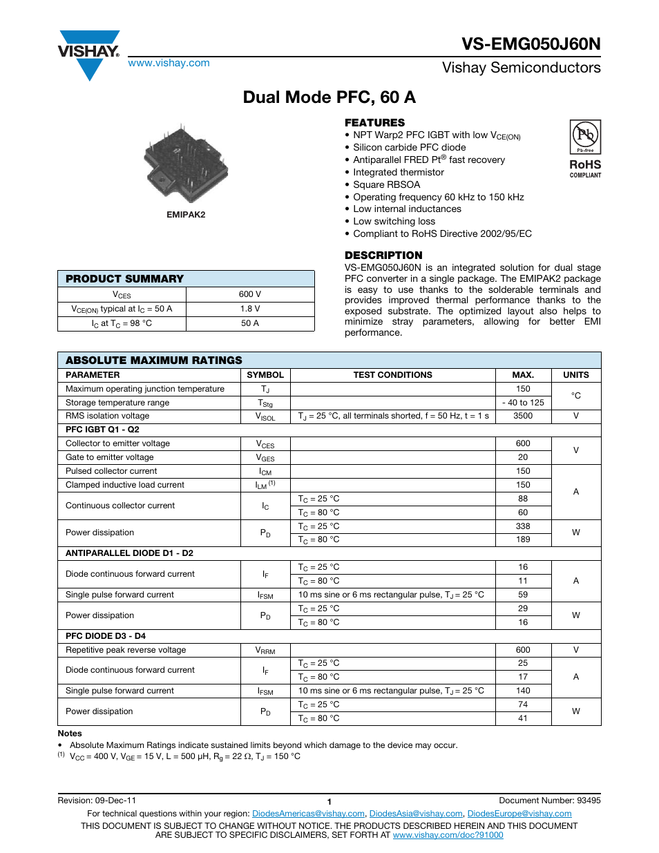 Datasheet, Dual mode pfc, 60 a, Vishay semiconductors | C&H Technology VS-EMG050J60N User Manual | Page 2 / 13