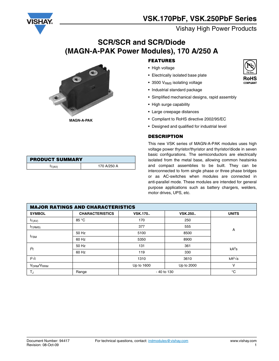 Datasheet, Vishay high power products | C&H Technology VSK.250PbF Series User Manual | Page 2 / 13