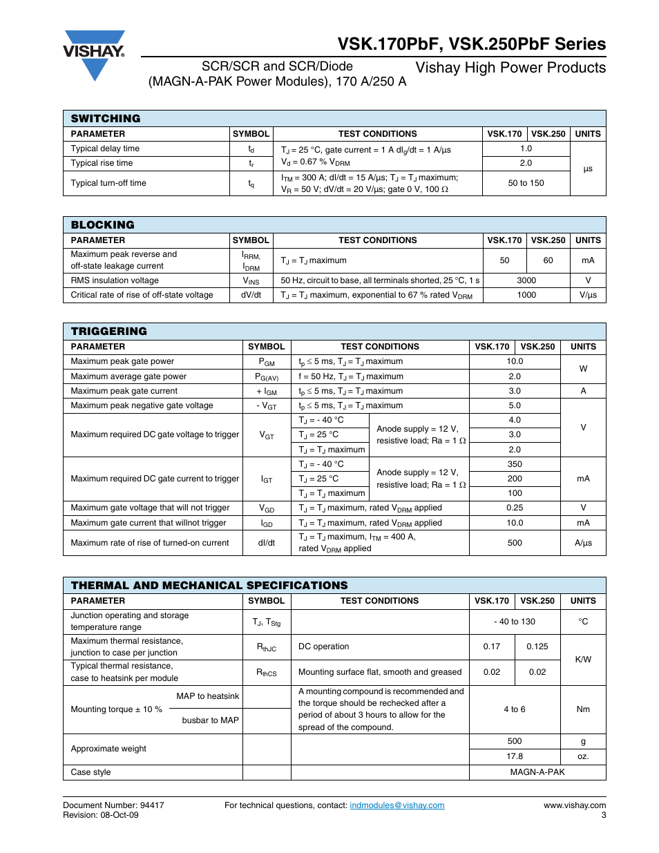 Vishay high power products, Switching, Blocking | Triggering, Thermal and mechanical specifications | C&H Technology VSK.250PbF Series User Manual | Page 4 / 13