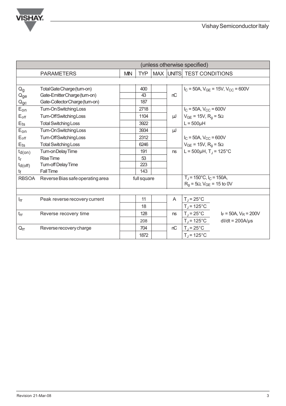 Vishay semiconductor italy, Switching characteristics @ t, 25°c (unless otherwise specified) | C&H Technology GB50LA120UX User Manual | Page 4 / 6