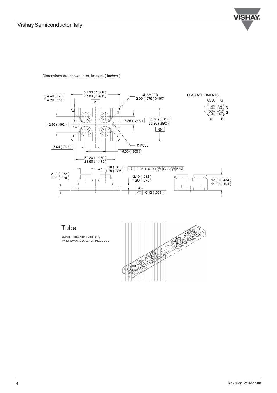 Tube, Vishay semiconductor italy, Outline table | Sot-227 package details | C&H Technology GB50LA120UX User Manual | Page 5 / 6