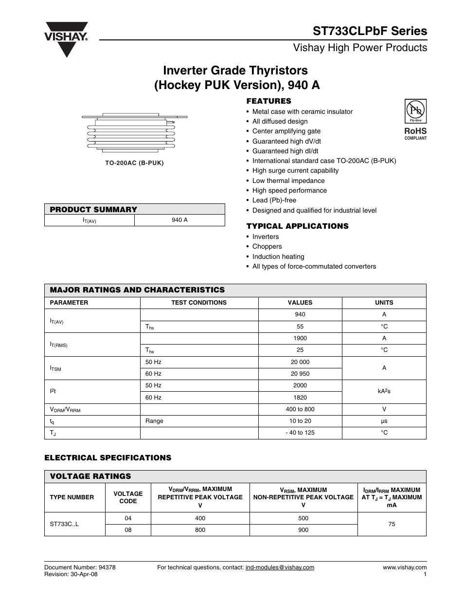 Vishay high power products, Rohs | C&H Technology ST733CLPbF Series User Manual | Page 2 / 9