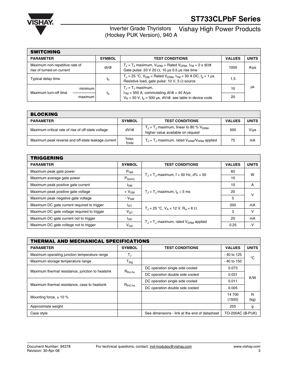 St733clpbf series, Vishay high power products | C&H Technology ST733CLPbF Series User Manual | Page 4 / 9