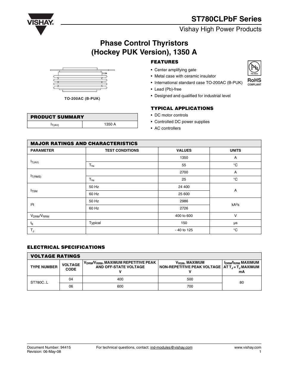 Vishay high power products, Rohs | C&H Technology ST780CLPbF Series User Manual | Page 2 / 8