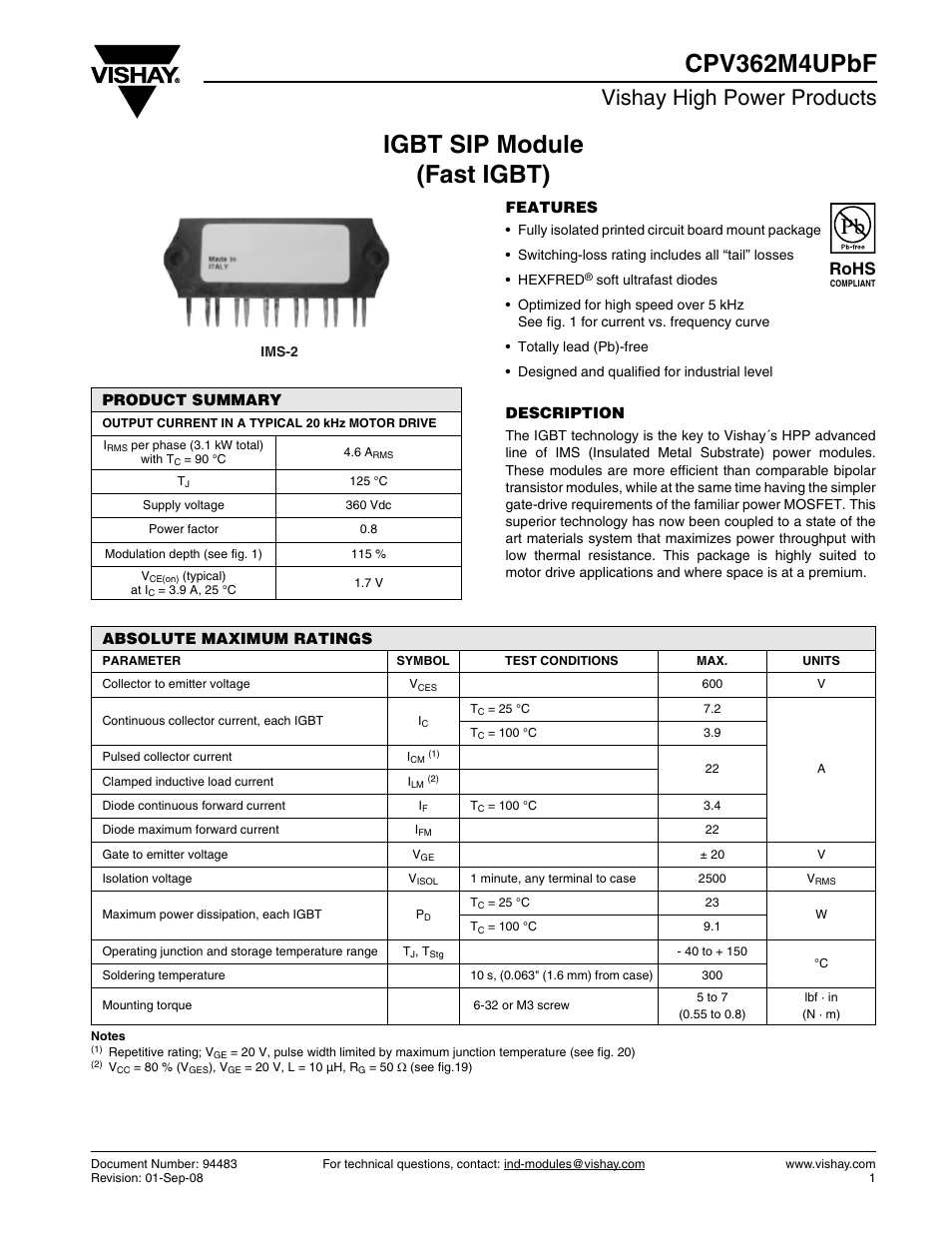 Datasheet, Igbt sip module (fast igbt) cpv362m4upbf, Vishay high power products | Rohs | C&H Technology CPV362M4UPbF User Manual | Page 2 / 12