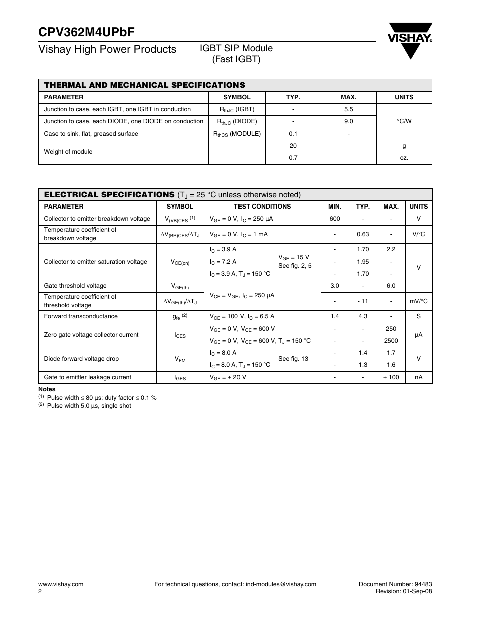 Cpv362m4upbf, Vishay high power products, Igbt sip module (fast igbt) | C&H Technology CPV362M4UPbF User Manual | Page 3 / 12