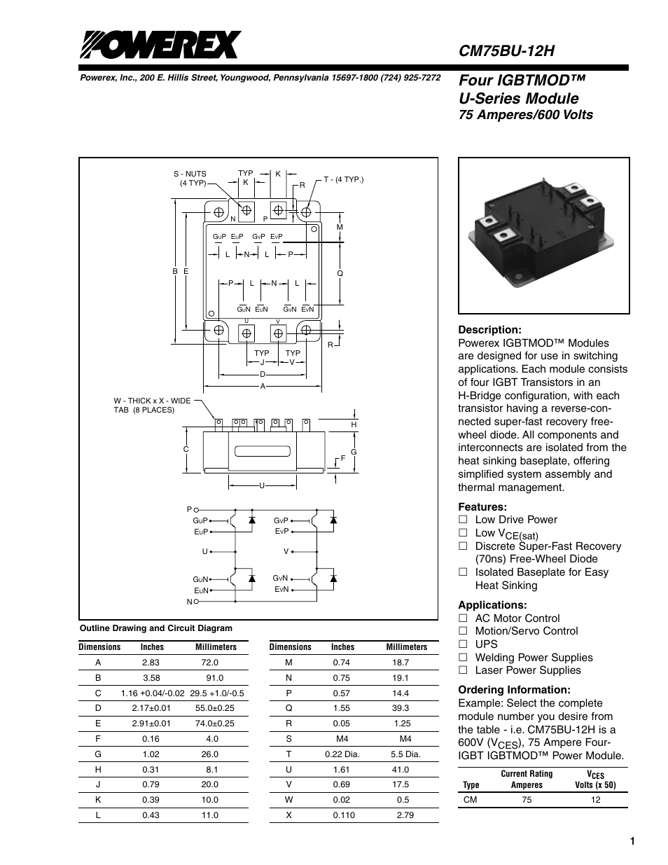 Four igbtmod™ u-series module, Cm75bu-12h, 75 ampere four- igbt igbtmod™ power module | C&H Technology CM75BU-12H User Manual | Page 4 / 7
