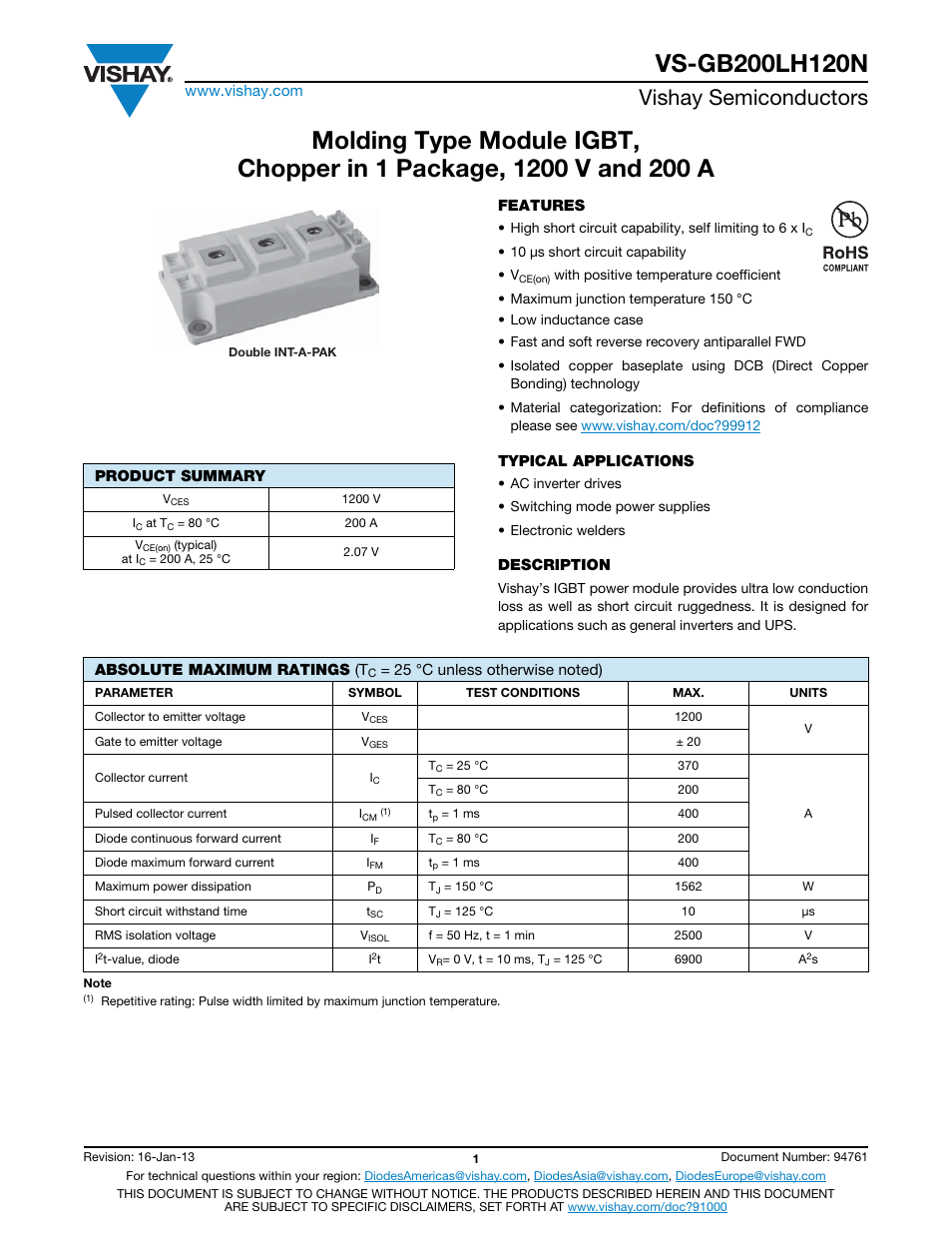 Vishay semiconductors | C&H Technology VS-GB200LH120N User Manual | Page 2 / 7